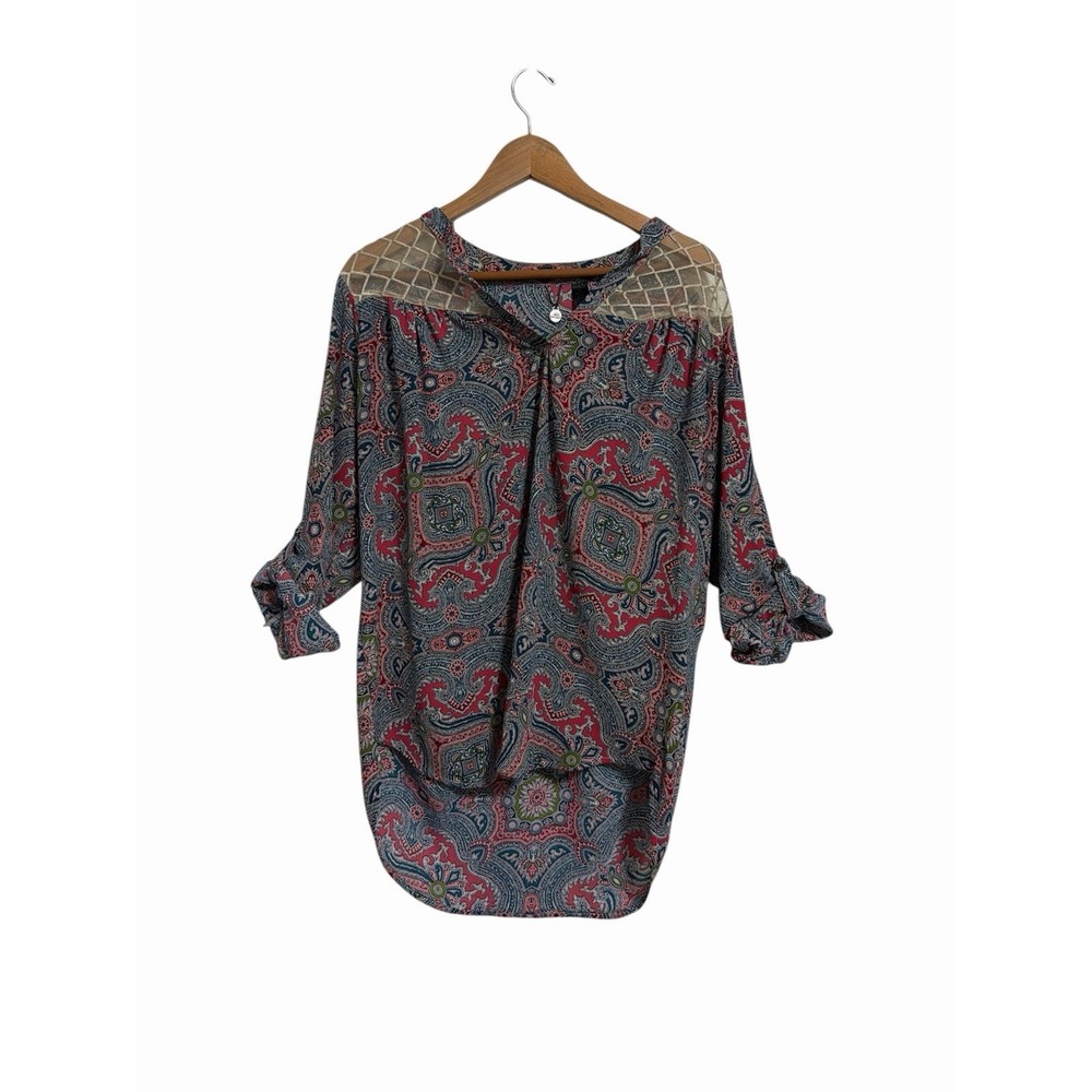 BKE Boutique Paisley Print Sheer Yoke Tunic Top Women's Long Sleeve Roll‎ Button